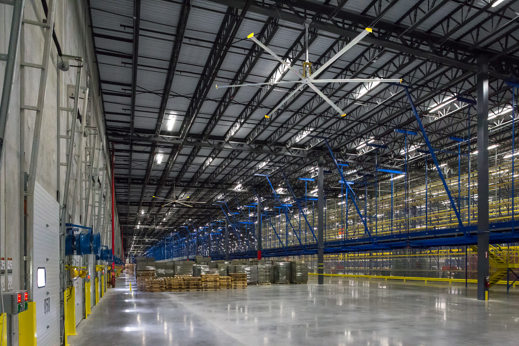 shipping and receiving area with product and fans