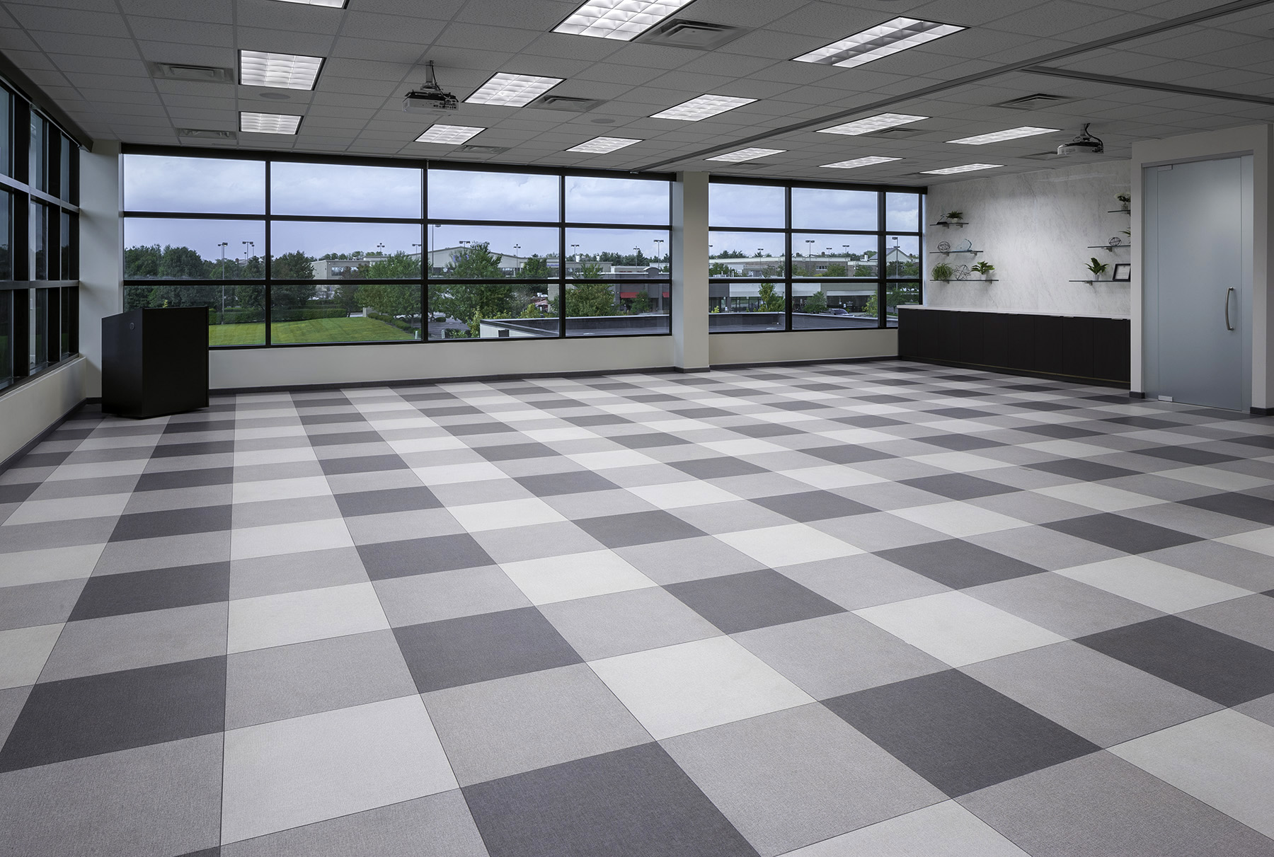 training room with patterned tile installation