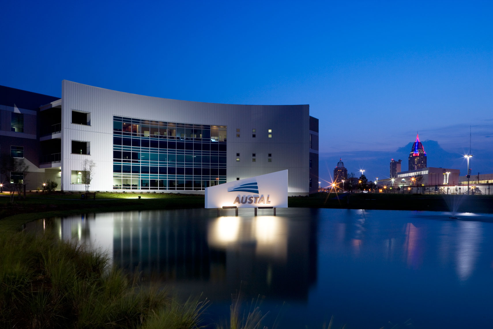 Austal USA Office Complex at twilight in Mobile, Alabama