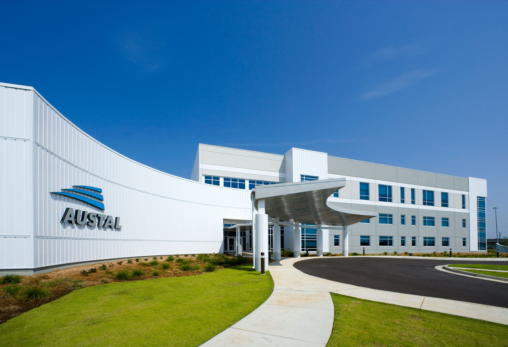 Closeup of Austal USA Office Complex entrance in Mobile, Alabama