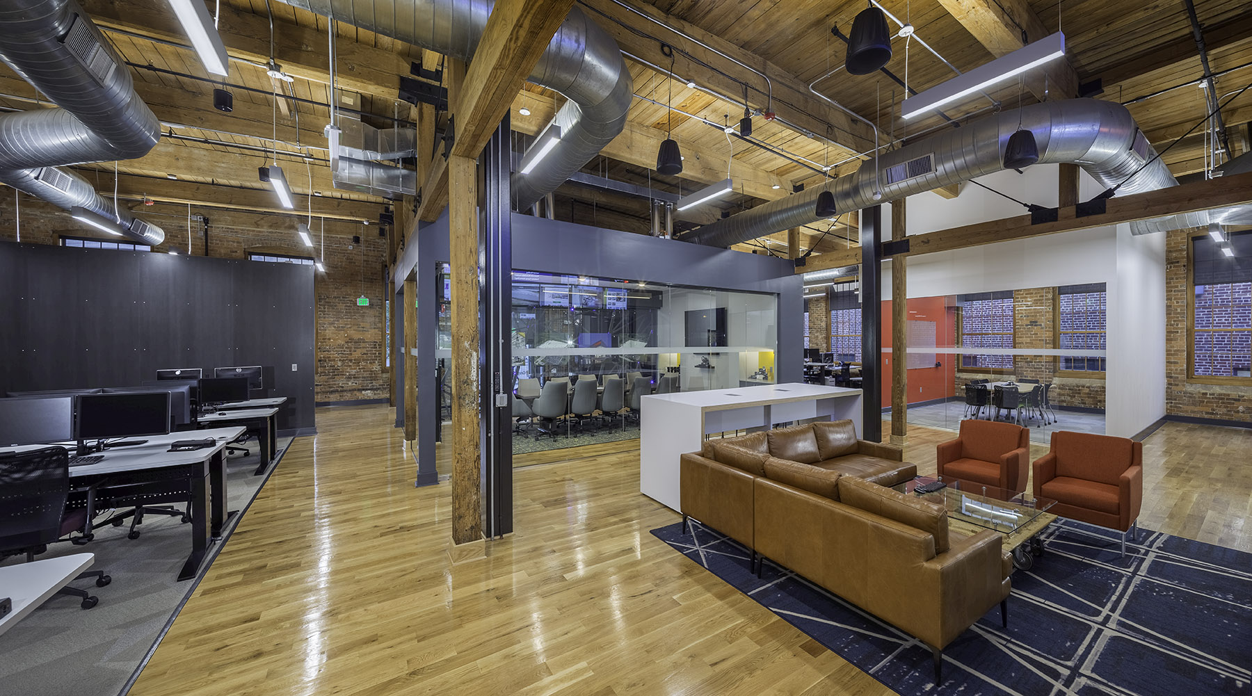 Mixed use open office design at renovated Camden Cotton Mills in Charlotte