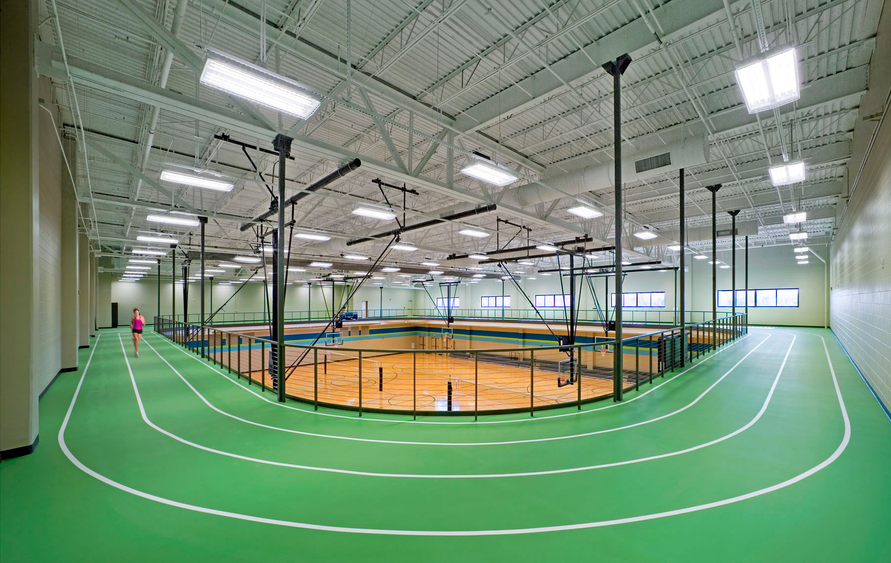Elevated indoor track and gymnasium