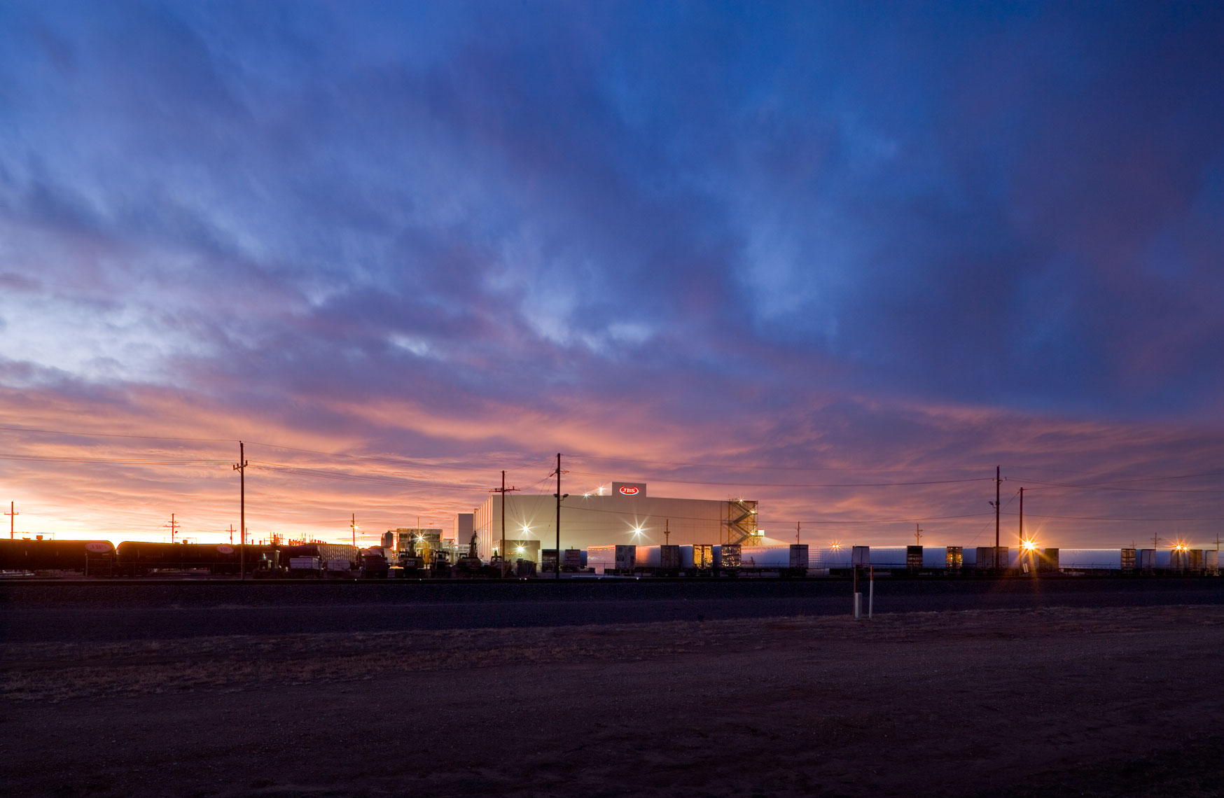 twilight at JBS USA beef processing facility in texas