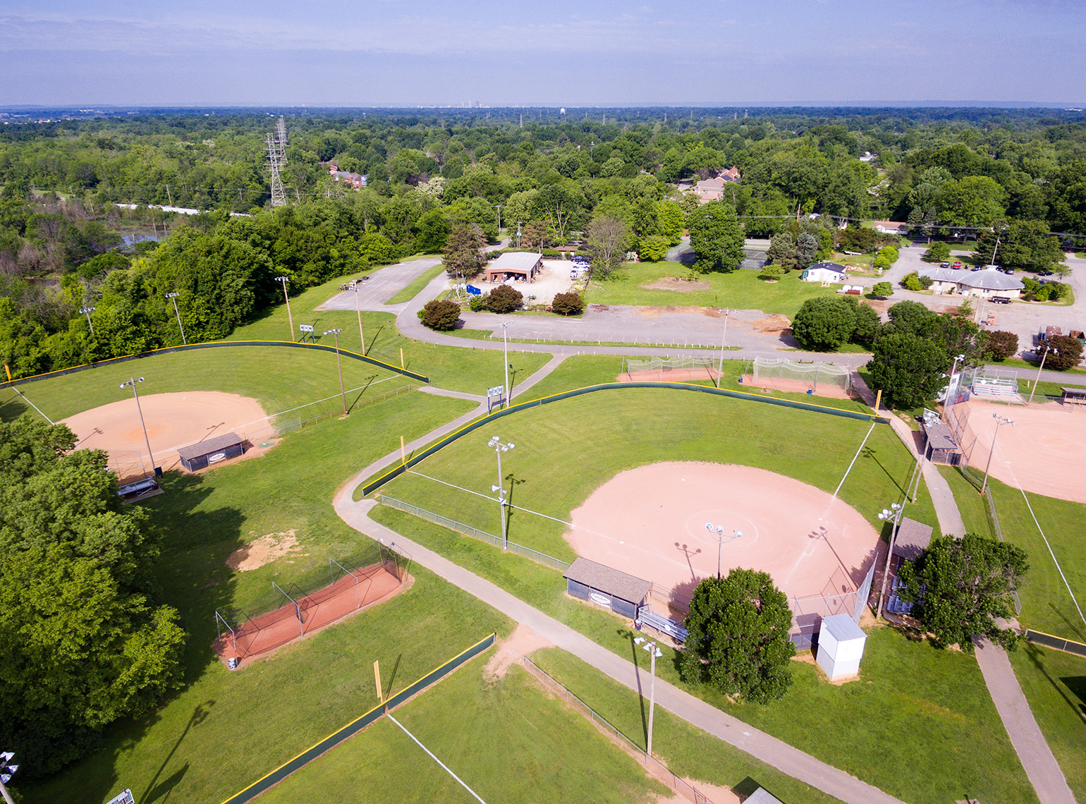 Urban recreational park aerial view in Louisville with ball fields