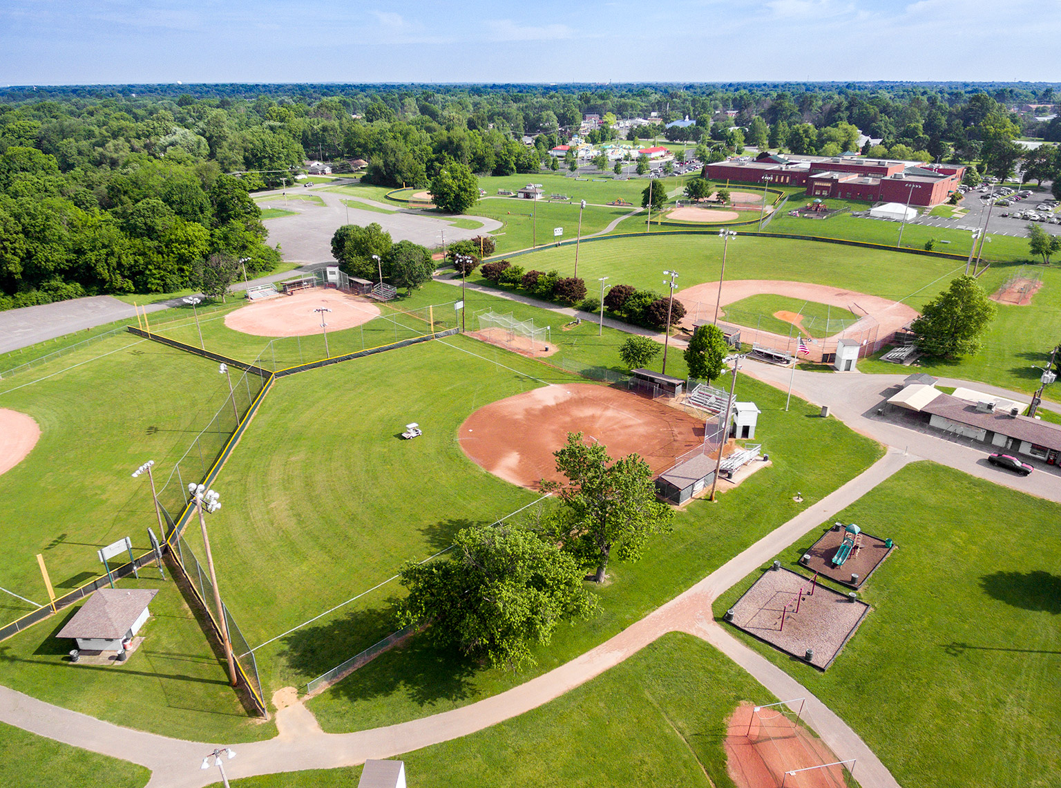 Urban recreational park aerial view 2 in Louisville with ball fields