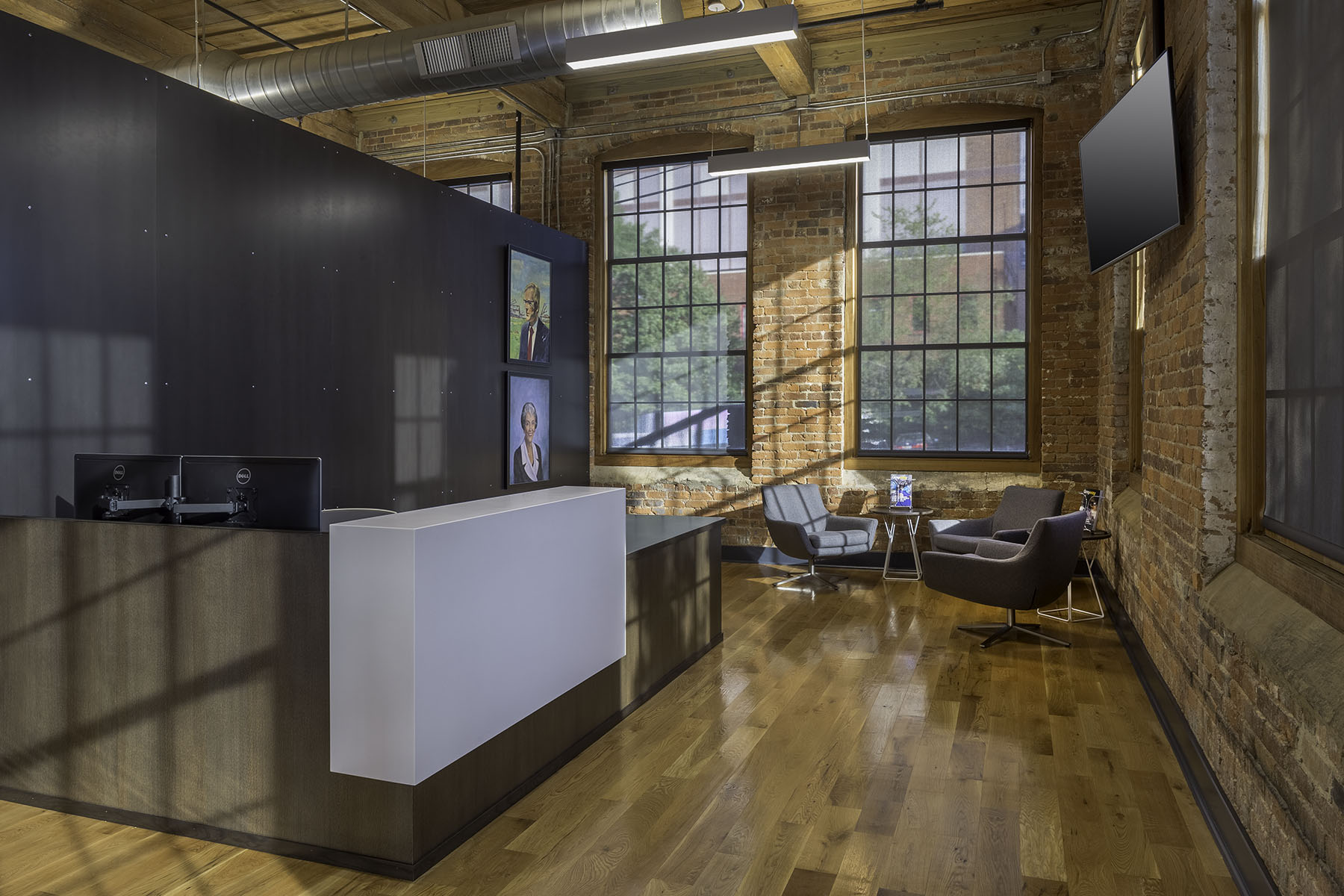 Corporate office reception area at Camden Cotton Mills in Charlotte