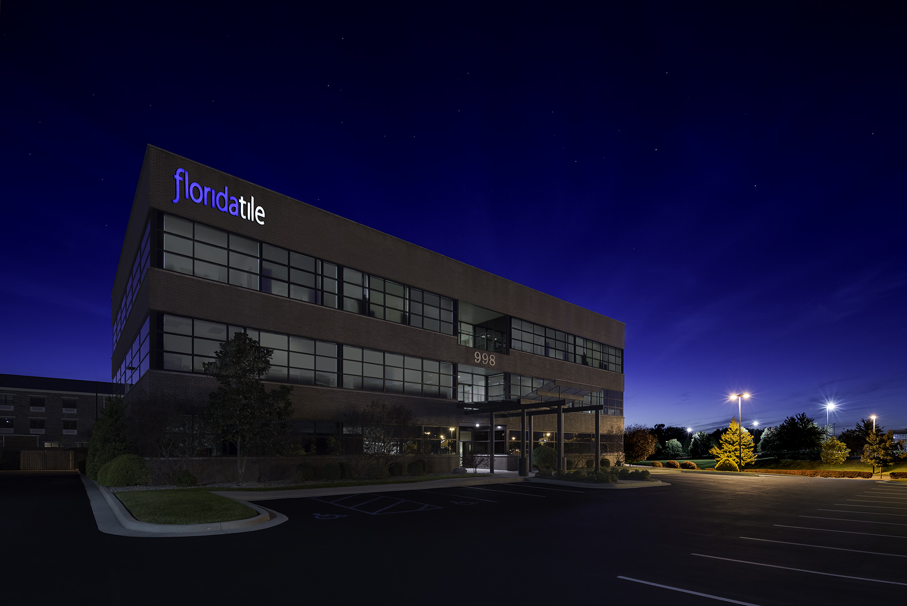 Florida Tile Corporate Office Building in Lexington, Kentucky at twilight