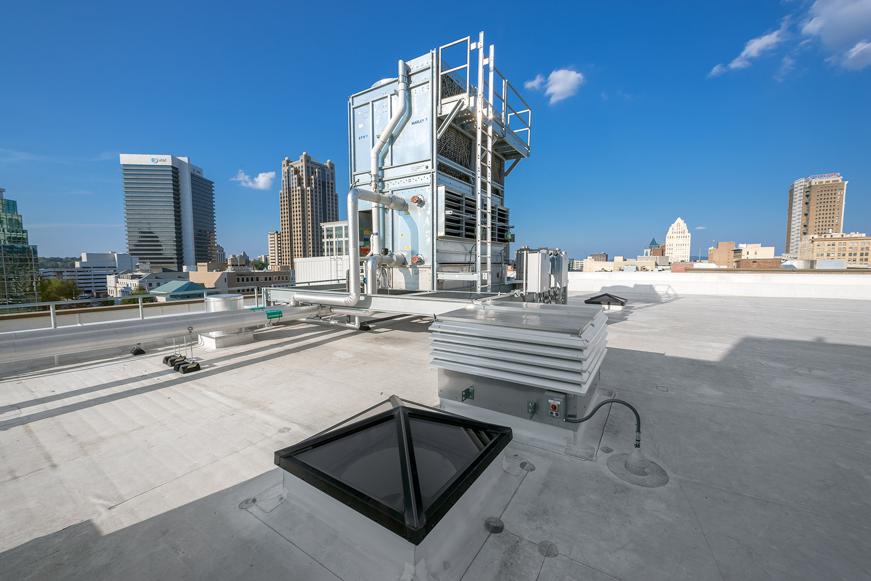 rooftop view of mechanical and skylight at birmingham office renovation