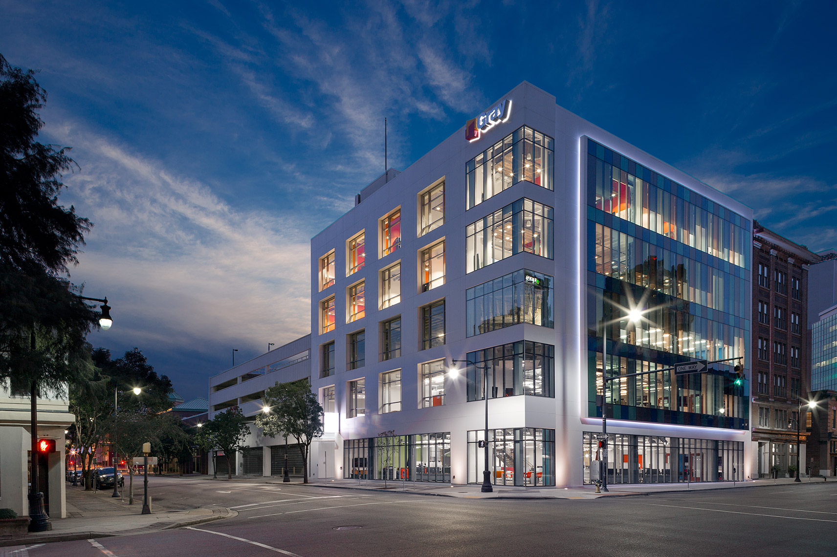 Regional Office of Gray Construction in Birmingham, Alabama at twilight