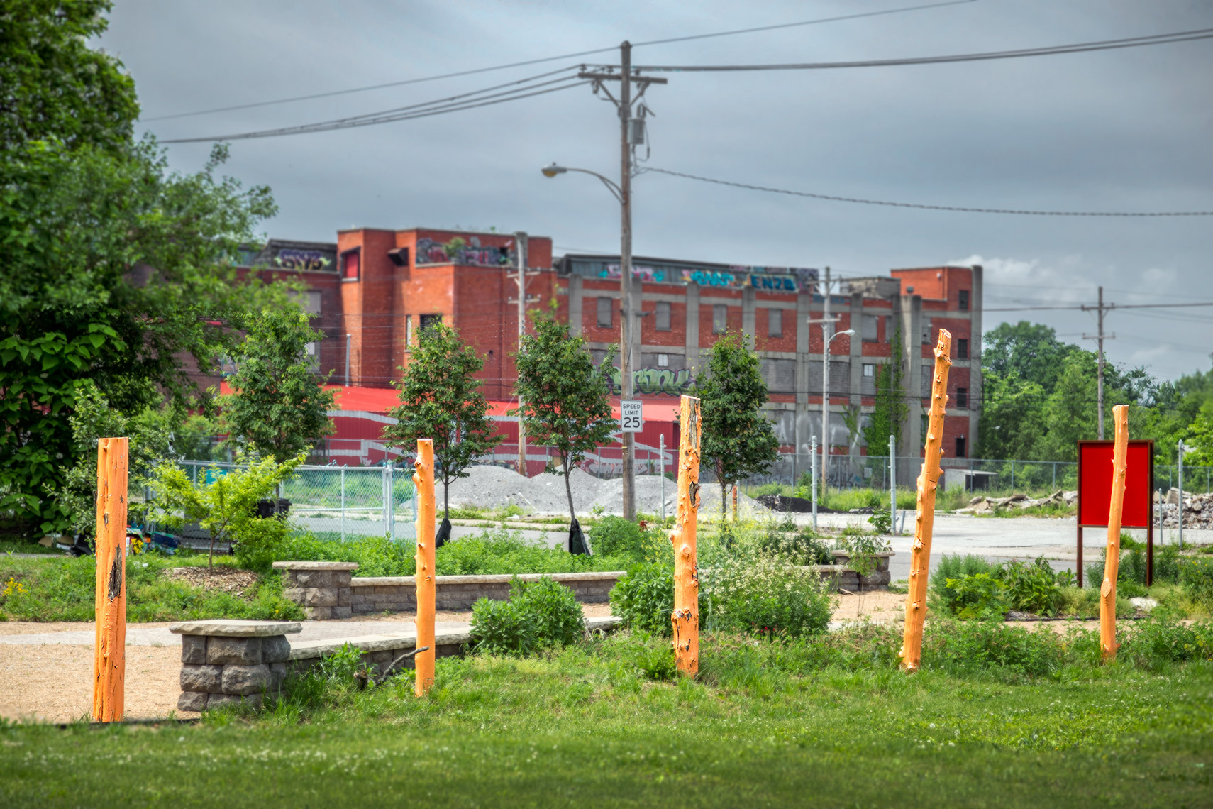 garden plots and design elements at urban park vacant lot
