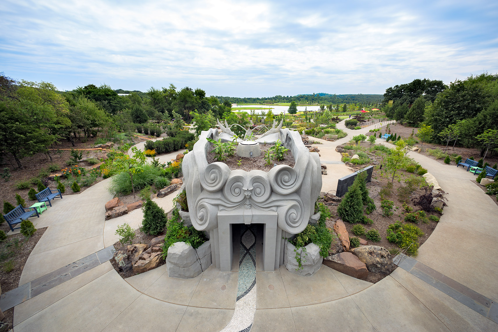 aerial of spring giant concrete sculpture and botanic gardens in Tulsa